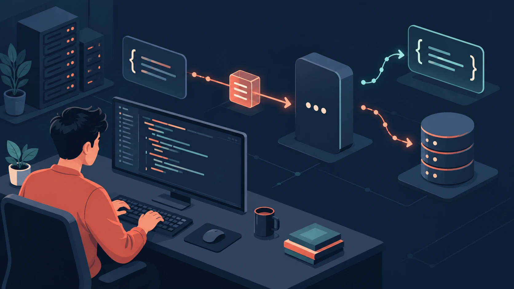 Editorial illustration of an API request and response flow connected to a Laravel development workspace.