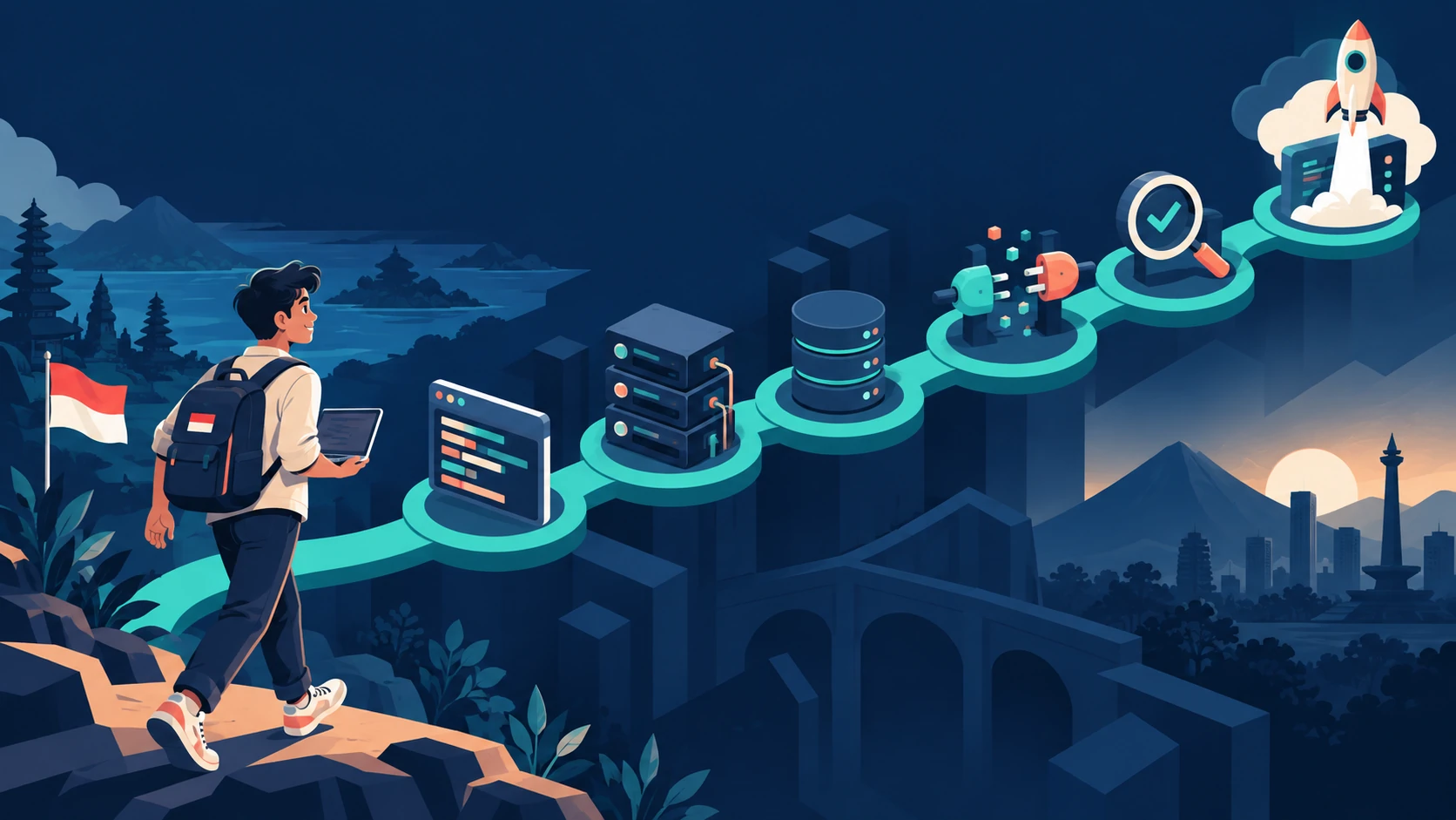 Editorial illustration of a full-stack learning path connecting frontend, backend, database, API, testing, and deployment.