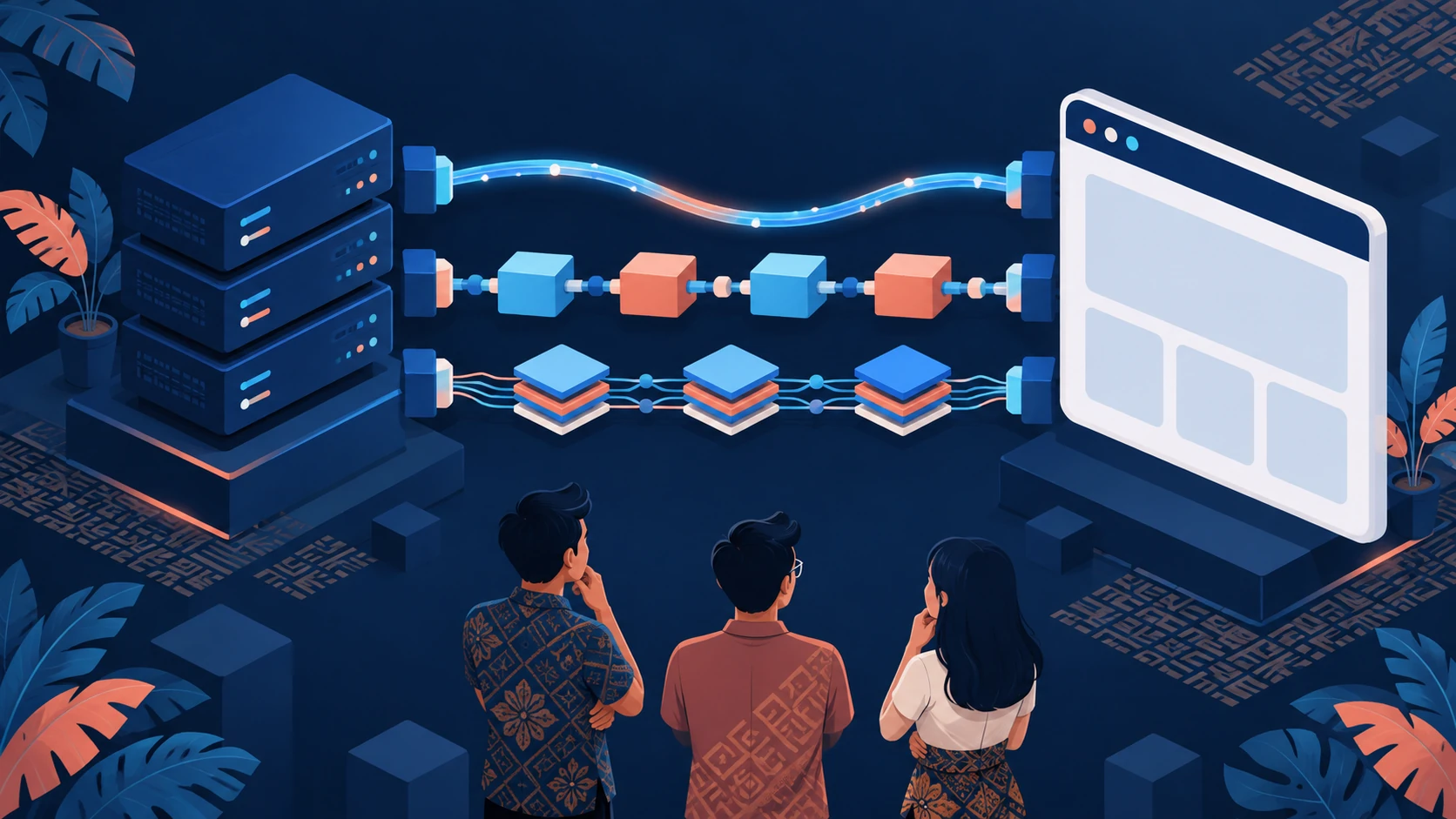 Editorial illustration of Laravel, a browser interface, and alternative JavaScript integration paths arranged as a project decision matrix.