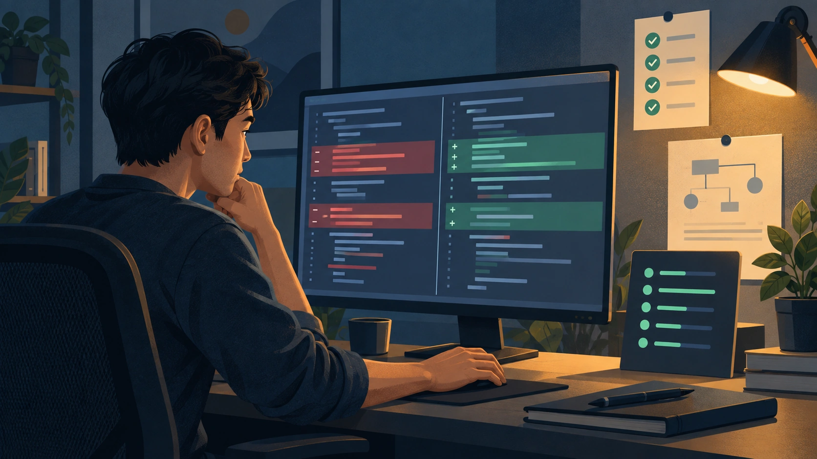Developer reviewing a code diff on a monitor beside checklist, test-status, and documentation cues.